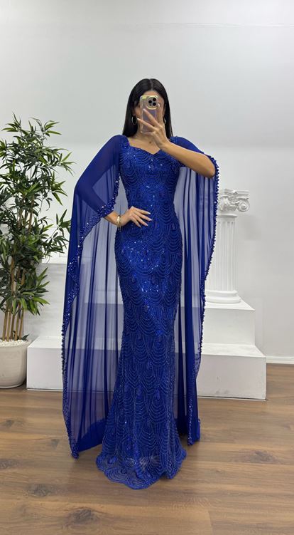 Saks İşlemeli Pelerinli  Abiye Elbise